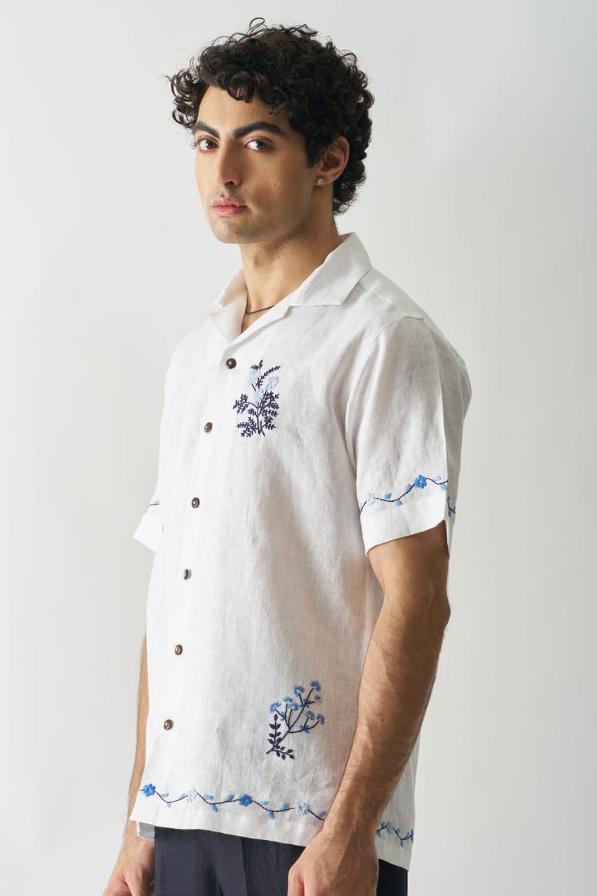 Blossom Cascade - Hand Embroidered Pure Linen Shirt