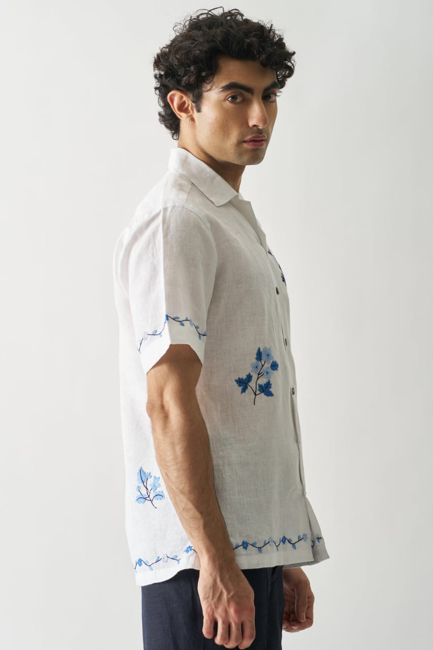 Blossom Cascade - Hand Embroidered Pure Linen Shirt