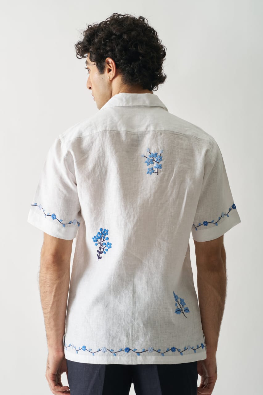 Blossom Cascade - Hand Embroidered Pure Linen Shirt