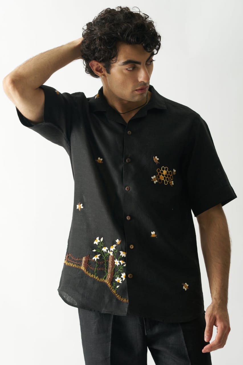 Buzzing Bees - Hand Embroidered Pure Linen Shirt