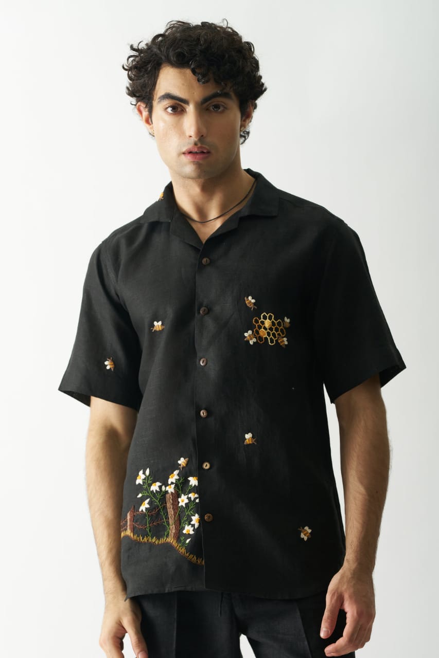 Buzzing Bees - Hand Embroidered Pure Linen Shirt