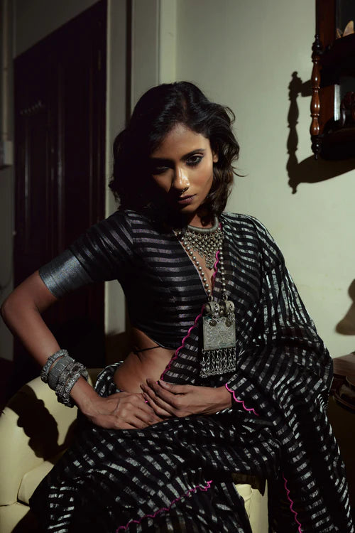 Arcane Sorceress - Black Handloom Cotton and Zari Stripes Saree