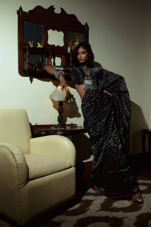 Arcane Sorceress - Black Handloom Cotton and Zari Stripes Saree