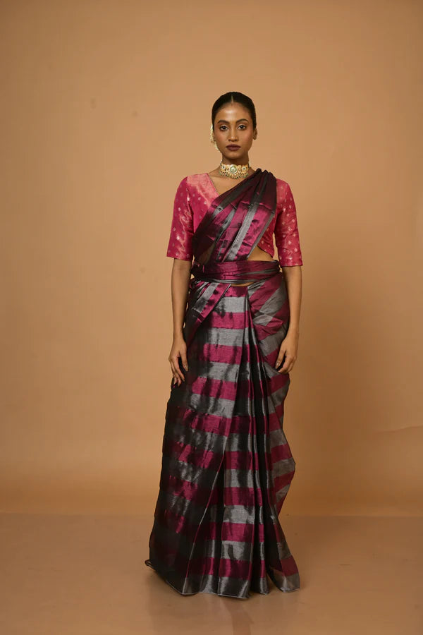 Abhilasha - Silver and Red Stripes Handloom Tissue Saree
