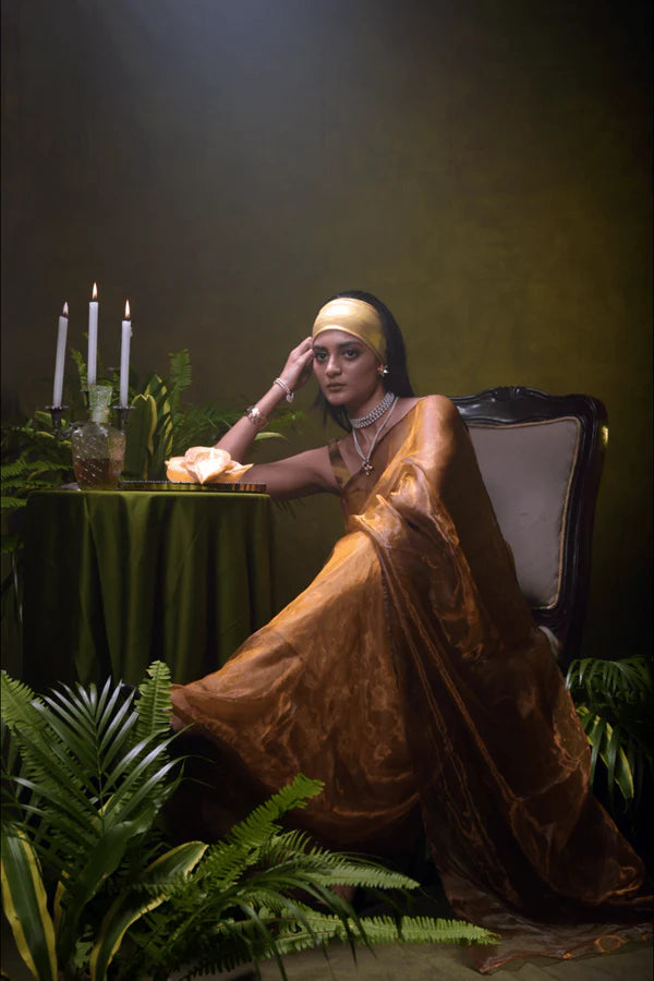 Champagne Cascade - Golden Organza Tissue Saree