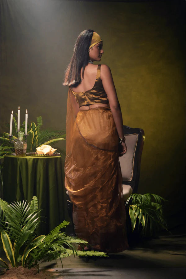 Champagne Cascade - Golden Organza Tissue Saree