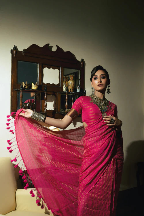 Twin Relam - Pink Handloom Cotton Saree with Zari Stripes and Scalloped Border