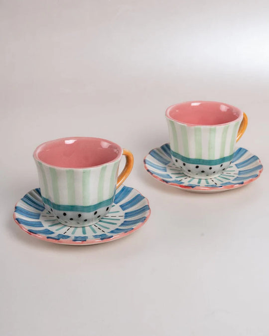 Masquerade Ceramic Teacups and Saucers - Set of 2