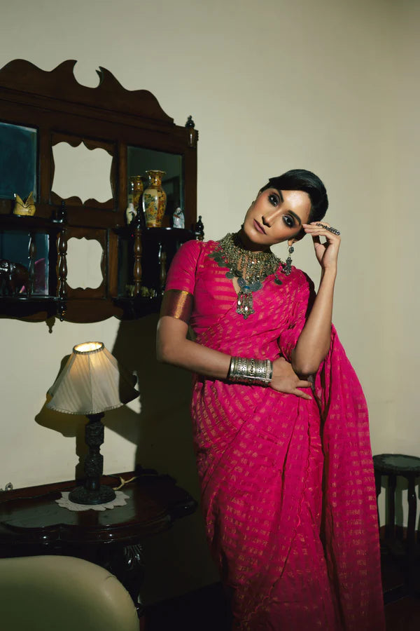Twin Relam - Pink Handloom Cotton Saree with Zari Stripes and Scalloped Border